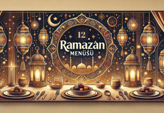 12.Ramazan Menüsü için özel tasarlanmış öne çıkan görsel. Fenerler, hurma, hilal ve sıcak bir iftar atmosferi ile Ramazan ruhunu yansıtıyor.