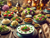 8.Gün Ramazan iftar sofrası; yoğurt çorbası, kıymalı karnabahar, pirinç pilavı, salata ve şıllık tatlısı ile süslenmiş geleneksel bir masa.