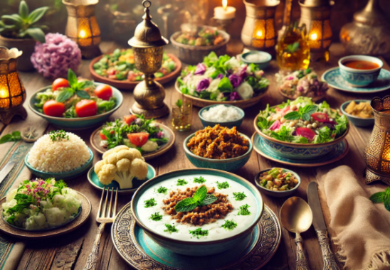 8.Gün Ramazan iftar sofrası; yoğurt çorbası, kıymalı karnabahar, pirinç pilavı, salata ve şıllık tatlısı ile süslenmiş geleneksel bir masa.