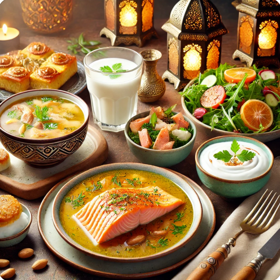 9.gün Ramazan menüsü için iftar sofrası – Tavuk suyu çorbası, fırında somon, roka salatası, yoğurt ve saray sarması.