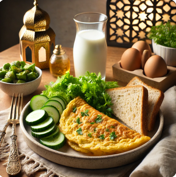 9.Gün Ramazan menüsü için sahur sofrası – Omlet, tam tahıllı ekmek, yeşillikler ve süt